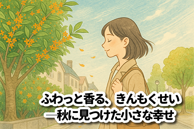 秋の街角を歩く女性と、きんもくせいが香る風景を描いたイラスト。オレンジ色の小花と柔らかな光に、季節のぬくもりを感じる。