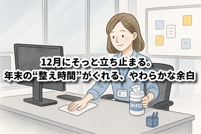 会社のデスク周りのお掃除イラスト