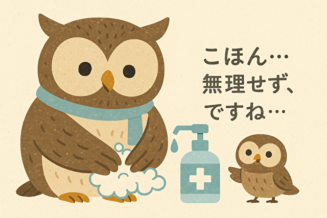 ふくろうが手洗いをしながら、ちびふくろうと一緒にインフルエンザ予防を呼びかけている北欧風イラスト