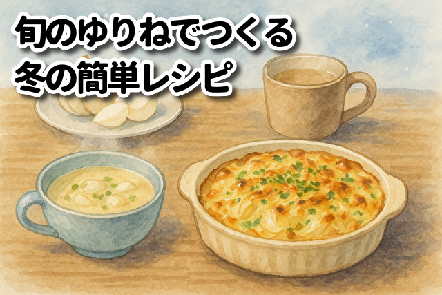 ゆり根を使った冬のグラタンとスープ、ゆでたゆり根が木のテーブルに並ぶ、水彩タッチのやさしい食卓イラスト。湯気や冬の空気感が柔らかく描かれ、季節を感じる横長構図。